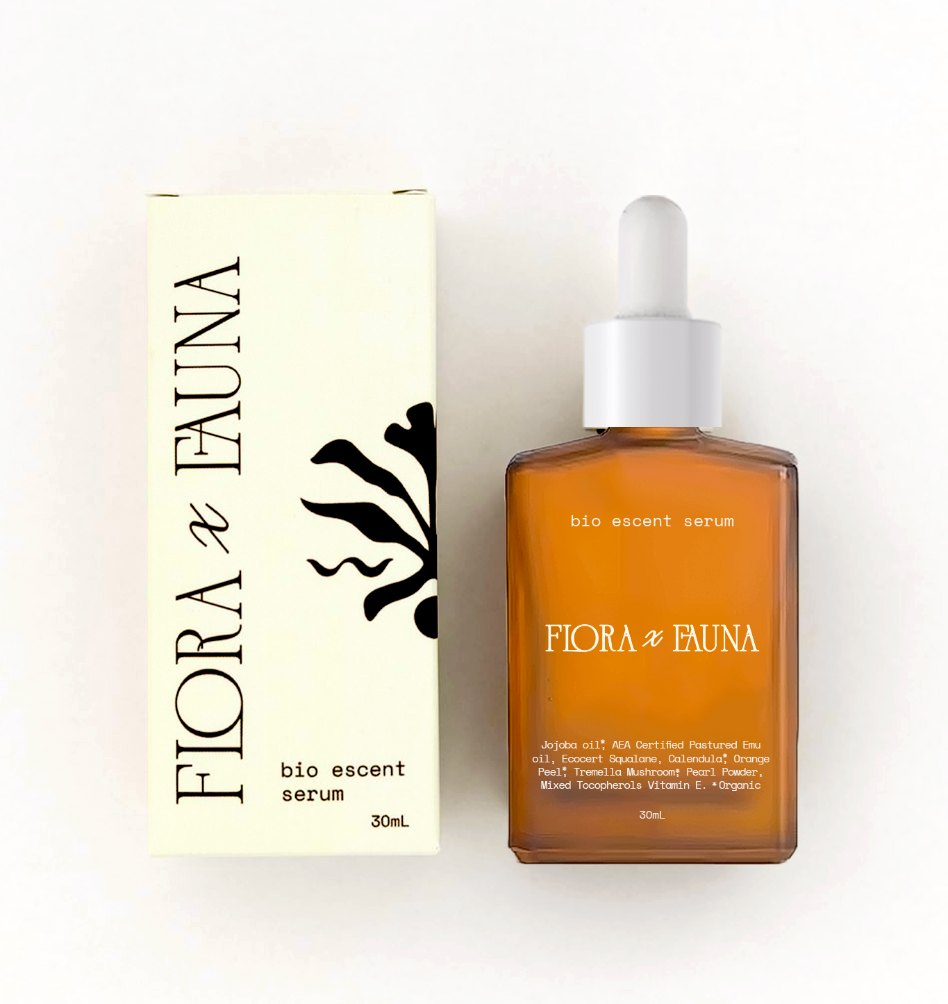 Cream product box with Flora x Fauna logo and brandmark on it, laying to the left of a 30 ml bottle of bio escent serum. 